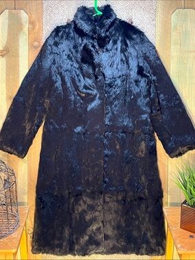 !!Vintage MOB GLAM!! Natural Black Rabbits Fur Long Trench Coat